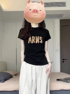 2024 Summer Short Sleeve T-Shirt Womens Slim Fit Cotton Personality Top Korean Style round Neck Print Casual Fashion