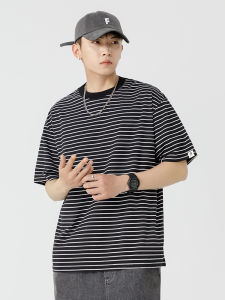 Loose Fit Mens Short Sleeve T-Shirt Summer Casual round Neck Ribbed Collar Simple Japanese Style Cotton Blend Anti-Wrinkle