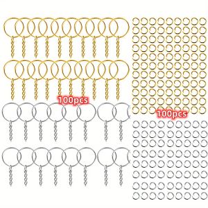 200PCS DIY Metal Keychains With Split Ring Link Silvery Gold Color Pendants Holder Rings DIY Key Chains Jewelry Making