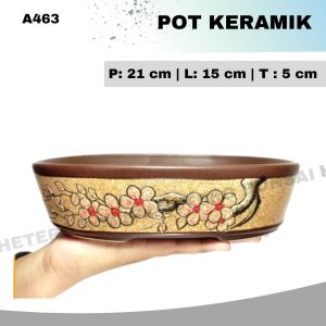 Pot Bonsai Keramik Oval Motif lukis dan Polos