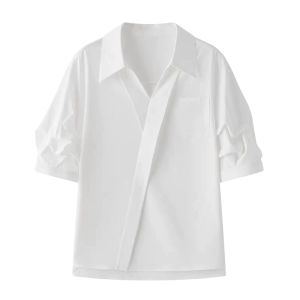 YUEZHONGWEI | French Polo Neck Short Sleeve White Shirt Women Summer Design Sensation Niche Commuter Style Loose Fit Professional Feeling Top