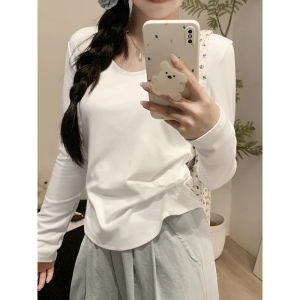 Womens Long Sleeve T-Shirt Low U-Neck Waist Cinched Inner Wear Fall New Sweet And Spicy Girl Folded Waist Base Shirt Top Versatile