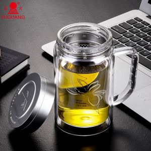 Double Layered Glass Cup with Handle Office Tea Cup Printing Logo Brand Fuguang Health Drinkware round Cylinder Shape