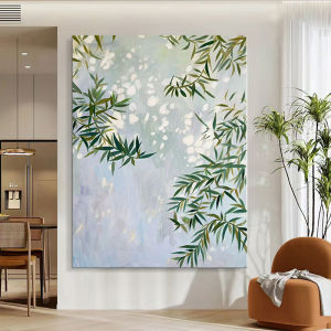 Hand-Painted Bamboo Texture Art Leaf Decorative Hanging Pictures Simple Modern Style Unframed Oil Canvas for Entrance Hall