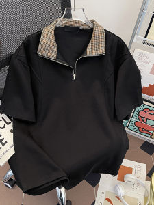 Black Heavyweight Half Zip Color Block Polo Shirt Short Sleeve Mens Summer Structured Casual Loose Fit T-Shirt Breathable
