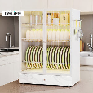 GSLIFE 2/3 Susun Rak Piring Tertutup Lemari Piring Minimalis dengan Laci Rak Dapur Serbaguna Stainless Pintu Kabinet