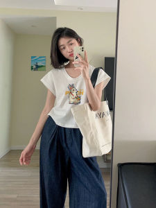 เสื้อยืดคอกลมแขนสั้นผ้าฝ้ายแท้สไตล์เกาหลีสำหรับผู้หญิงในช่วงฤดูร้อนพร้อมลายการ์ตูนกระต่าย เสื้อผ้าทำงานสไตล์เกาหลี