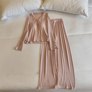 Bộ Đồ Ngủ Cotton Modal Mùa Xuân Thu Đông Cho Nữ Bộ Đồ Mặc Nhà Thoải Mái Vải Cotton Modal Polyester Dài Tay Cổ Chữ V
