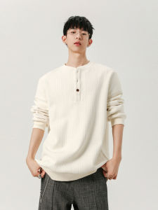 WUKONGYOUHUO | Plain Texture Long-sleeved T-shirt with Henry Collar and Ears of Wheat Jacquard for Autumn