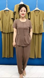 Loose Breathable Short Sleeve T-Shirt Set for Middle-Aged And Elderly Women Summer Casual Slimming Two-Piece Cotton Ensemble
