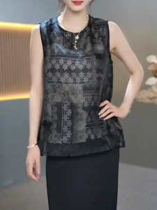 QINGNAER | Chinese Style Black Print Sleeveless Vest Large Size