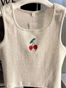 plus Size Womens Elastic Cherry Embroidery Tank Top Casual Sleeveless Summer Original Design Short Style Plant Floral Pattern