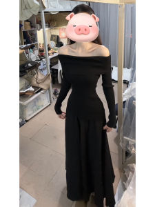 Y6Y | Elegant French Off-shoulder Waist-cinching Black Long Dress