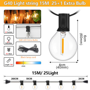 15M Outdoor G40 LED Globe String Lights Dimmable Waterproof Shatterproof Light Strings with 25 Bulbs Connectable Hanging Lights