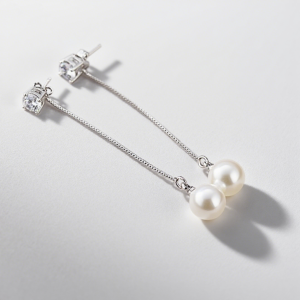 Fashion Silver-color Pearl Pendant Long Chain Cubic Zirconia Woman Earrings Bridal Wedding Jewelry Drop