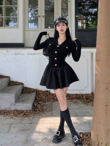 GUZILIAN | Korean Style V-Neck Long Sleeve Knitted Cardigan And Black Pleated Skirt Two-Piece Set Early Autumn New Design Fashion Sensation