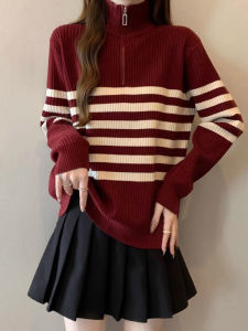 เสื้อสเวตเตอร์ถักคอปกสีแดง ทรงหลวม แขนยาว ปกเสื้อสีสันสดใส สำหรับผู้หญิง ฤดูใบไม้ร่วง 2025 เสื้อคลุมกันหนาวแบบมีซิปครึ่งตัว