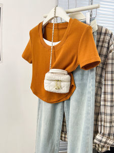 Orange Color Slim Fit Short Sleeve U-Neck False Two-Piece T-Shirt Womens Summer New Design Sensation Small Audience Short Top