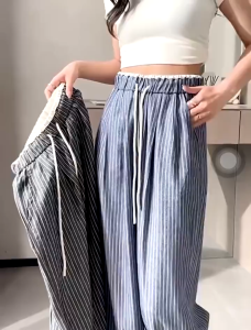 💥[Q093] Quần ống suông JEANS MỀM KẺ SỌC phồi VIỀN TRẮNG LƯNG THUN co giãn dễ phối đồ - L2M