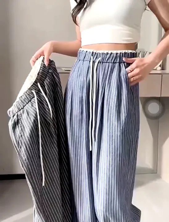 💥[Q093] Quần ống suông JEANS MỀM KẺ SỌC phồi VIỀN TRẮNG LƯNG THUN co ...