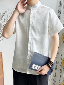 HENGYUANXIANG | Hengyuanxiang Chinese Style Mens Summer Shirt Jacket Short Sleeve Ice Silk Dragon Embroidery Cool Feeling Thin Polyester Fiber
