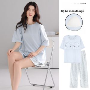 MiiOW | Bộ đồ ngủ cotton nguyên chất cho nữ mùa hè tay ngắn ba mảnh có đệm ngực mặc ở nhà thoải mái thoáng khí