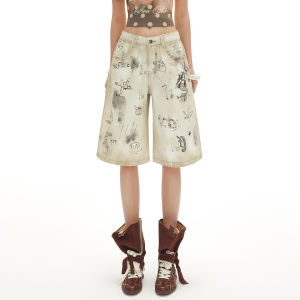Unifree | Washed Distressed Graffiti Marine Print High Waist Loose Wide Leg Womens Shorts