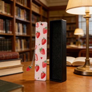Bandai | Strawberry Pattern Metal Bookmark with Pendant "Just One More Page" Cute Page Marker for Book Lovers Girls Reading Supplies