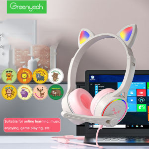 Greenyeah หูฟังหูฟังแบบมีสายหูแมวน่ารักสำหรับเด็กหูฟังมีไมโครโฟนหูฟังเกม USB ชุดหูฟังเสียงเบสสเตอริโอเรืองแสงแบบมีสายสำหรับ Mac และแล็