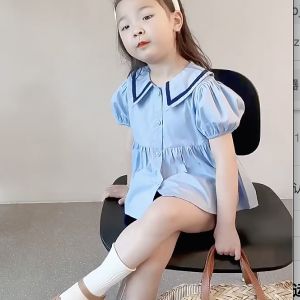 kyiibaby Girls navy style lapel baby shirt Korean style college style bubble short sleeve kybb165