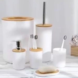 อุปกรณ์เสริมเซ็ท 6 ชิ้น Bathroom Set ของใช้ในห้องน้ำแบบยกเซ็ท ที่วางสบู่ หัวปั้ม ใส่แปรงสีฟัน แก้ว ถังขยะ แปรงขัด สีขาวหรูสไตล์มินิมอล พร้อมส่ง