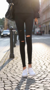 (Stock in KL-089) Women Pants Holes Solid High Waist Black Long Trousers woman Pant