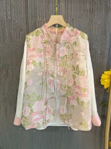 Plus Size Womens Color Matching Cuff Dark Flower Bottoming Shirt Chubby Girl Fashion Retro Style Stand Collar Tassel Buckle Flower Vest