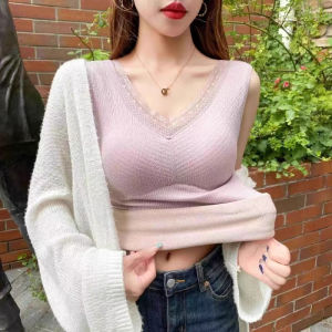 chaqi | Thickened Fleece Womens Tank Top Lace Trim Base Layer Shirt Inner Wear Outer Wear Slim Fit Fall Winter Warm Vest