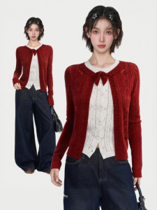 KBVVR | Red Illusion Two-piece Close-fitting Knit Cardigan Short Length Innerwear