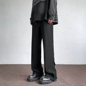 Quần Âu Nam Màu Đen Xuân Thu Xu Hướng Đường Phố Cao Cấp Ống Thẳng Rộng Quần Ống Rộng Thông Minh Đơn Giản Y2k Eo Thấp Có Túi