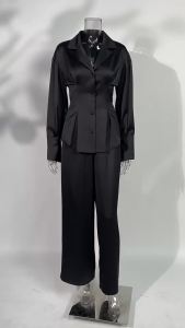 2026 Black Shirt Top and Matching Pants Waist-belted Long-sleeved Pantsuit for Women Two Piece New Work Office Lady Pant Set