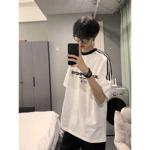 American Fashion Brand Stripes Patchwork Mens Short Sleeve Summer Heavy Weight Pure Cotton T-Shirt Junior Wear Raglan Sleeve T-shirt