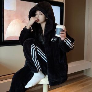 Ins Thickened Fleece Sleepwear Hooded Zipper Womens Home Clothes Set Autumn Winter Casual Comfortable Long Sleeve Pajamas