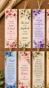 Floral Bookmark with Inspirational Quote for Bible or Book. Pink flowers twine loop scripture reference Philippians 4:13.