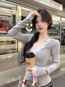 GUZILIAN | Warm Fleece Lined Thickened Lace Patchwork V-Neck Base Shirt Fashionable Inner Wear T-Shirt Autumn Winter New Style Pure Desire Spicy Girl