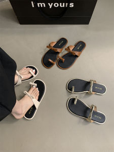 French Style Flat Bottom Sandals Womens Summer Outdoor Beach Casual Fairylike Slip-On Slippers Korean Version Plain Color