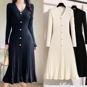 YuooMuoo 2025 Autumn Winter Women Knitted Long Dress Brand Fashion V-neck Slim Waist Pleated Sweater Dress Lady Office Vestidos