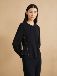 Asymmetric Waist Cinching Chiffon Sleeve Knitted Sweater