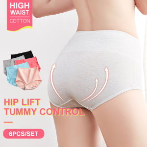 INTIMA 6PCS Cotton Panties for Women Plus Size M to 3XL Tummy Control Hips Lift High Waist Briefs Comfortable Antibacterial Crotch Solid Color Panty Underwear