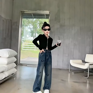 กางเกงเด็กผู้หญิง กางเกงยีนขากว้าง การออกแบบโบว์ หลวม เวอร์ชั่นเกาหลี สําหรับเด็กผู้หญิง เหมาะสำหรับอายุ 7-15 ขวบ