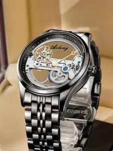 AILANG | AILANG Men Automatic Mechanical Watch Luxury Steampunk Skeleton Leather Wristwatch Relogio Masculino