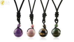CSJA Natural Stone Pendant Necklaces Reiki Purple Crystal Healing Transfer Lucky Beads Round Ball Energy Jewelry Female Men S466