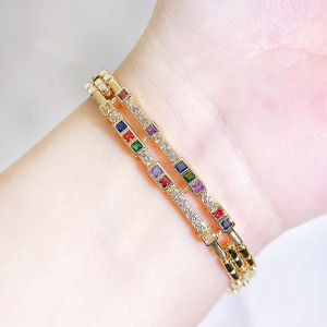 SEQUITO New Arrival Ladies Costume Jewellery Gold Plated Pave Colorful AAA Zirconia Double Chain Hollow Bracelet Jewelry for Daily Party B346