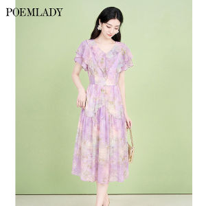 POEMLADY | French Printed Vacation Dress Women V-neck Youthful Ruffles